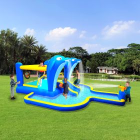 6 in1 Inflatable slide water park trampoline bouncing house outdoor garden with Dolphin sprinkler & Target games & Water gun & Basketball