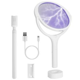3 In 1 Electric Bug Zapper Racket 90ÂºRotating Bug Zapper Wand Indoor Outdoor Handheld Mosquito Swatter with Telescopic Extension Wand (Color: White)